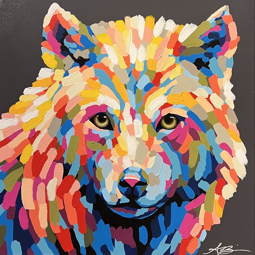 A modern impressionistic painting of a wolf pictured on a charcoal gray background with colourful rainbow brushstrokes