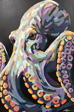 "Octavia" octopus; 24"x30"; $825 A modern impressionistic painting of an octopus pictured on a charcoal gray and black background. The octopus is rendered with colourful pastel brushstrokes.