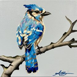 “Skye” blue jay; 8”x8”; SOLD