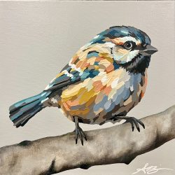 “Nell” chickadee; 12”x12”; SOLD